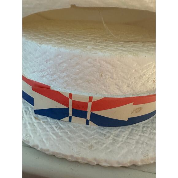 2 Styrofoam Hats Red White Blue Campaign July 4th Line Paper Ribbon Vintage - Picture 6 of 6